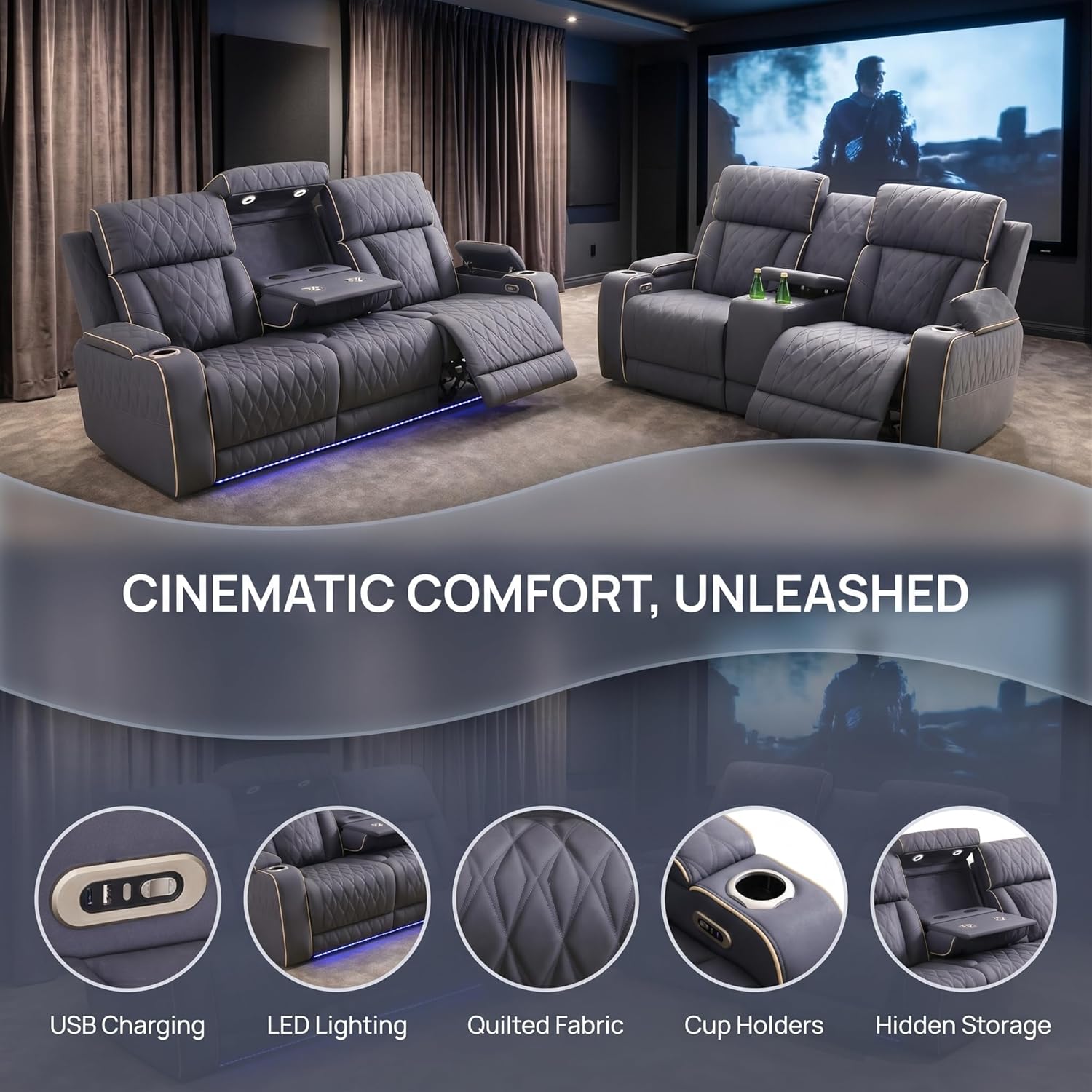 2 Piece Power Recliner Sofa Set with LED Lights, Electric Reclining Living Room Furniture Set