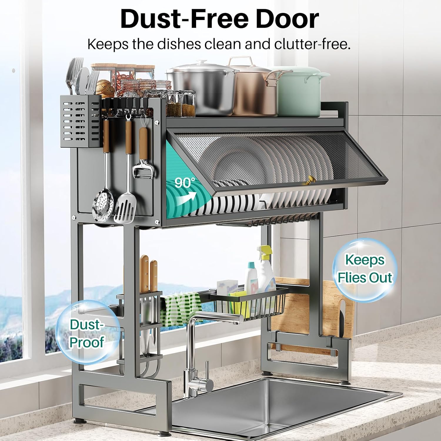 Over The Sink Dish Drying Rack with Cover, Over The Sink Dish Drainer Drying Rack 3 Tier Dish Rack