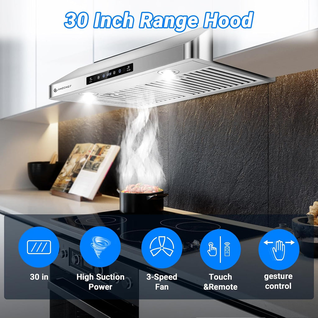 AMZCHEF Under Cabinet Range Hood 30 Inch, 750CFM Stainless Steel Kitchen Stove Vent Hood 3 Speed Exhaust Fan
