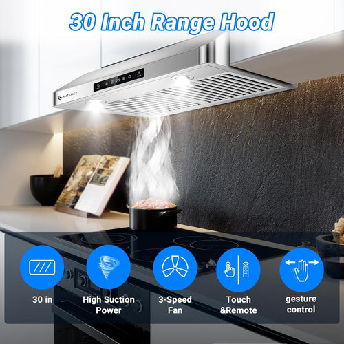 AMZCHEF Under Cabinet Range Hood 30 Inch, 750CFM Stainless Steel Kitchen Stove Vent Hood 3 Speed Exhaust Fan