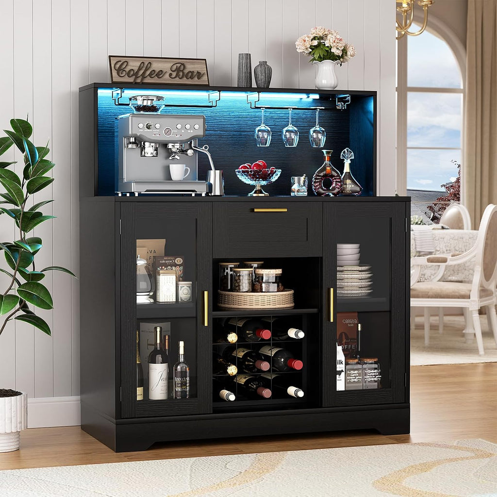 Unikito Wine Bar Cabinet with LED Light, Liquor Cabinet with Wine Rack and Glass Holder