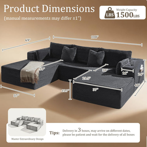 108" Oversized Cloud Sectional Couch, Comfort U Shaped Boneless Couch for Living Room, Extra Deep Seats