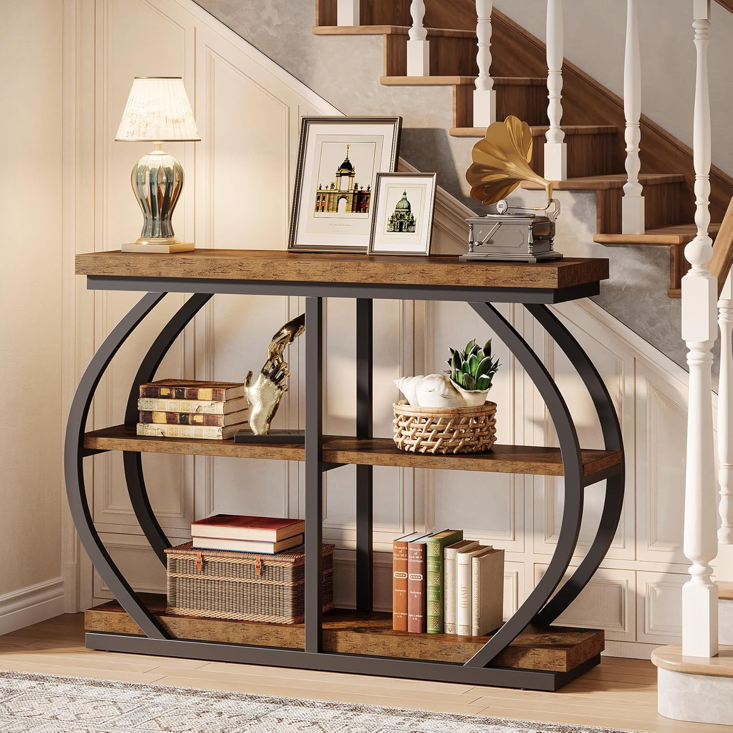 Tribesigns 41.3" Console Table, Industrial 3-Tier Entryway Table with Arched Metal Frame and Storage