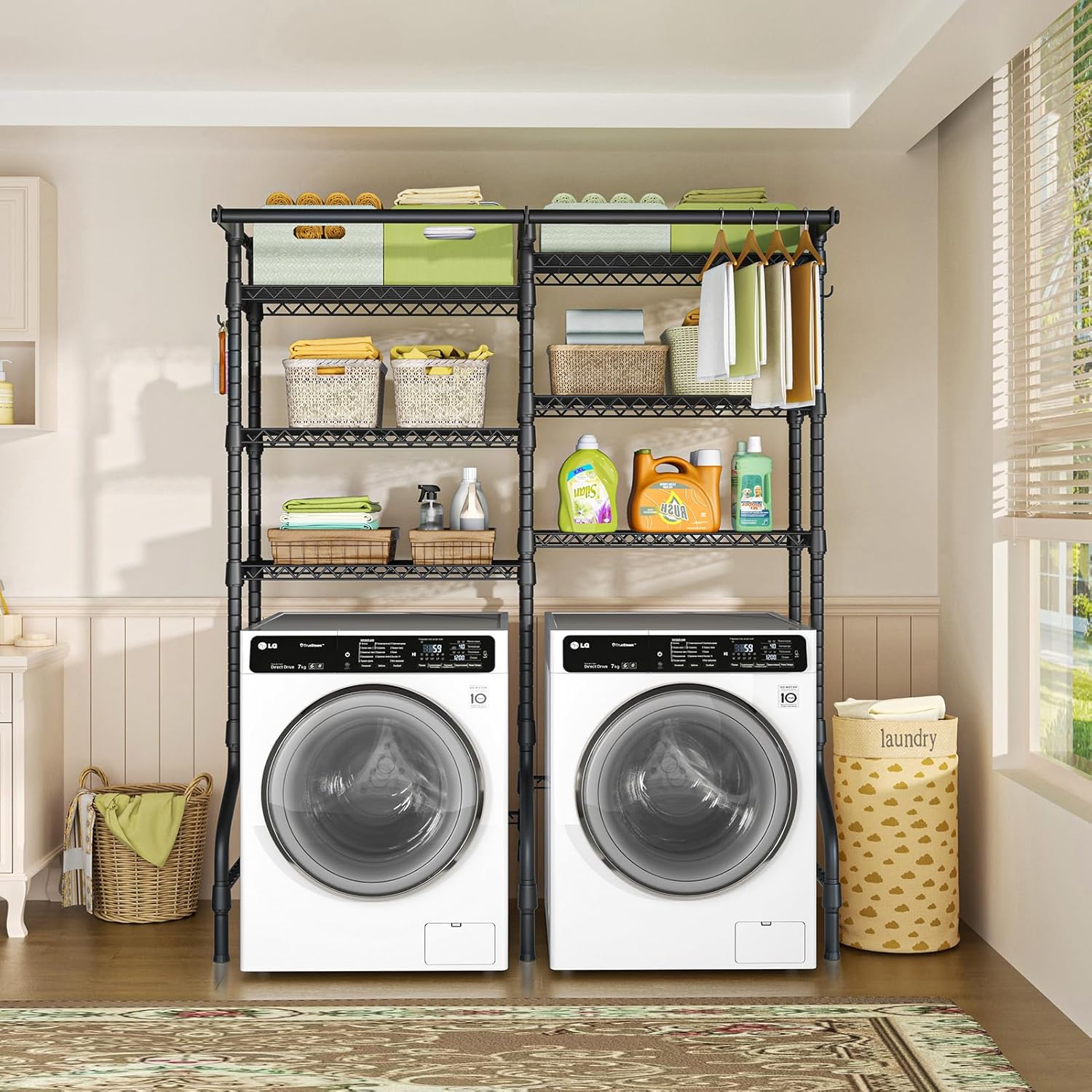 U13 Over Washer and Dryer Storage Shelves, 6 Tiers Laundry Room Standing Shelf with 2 Hanger Rods