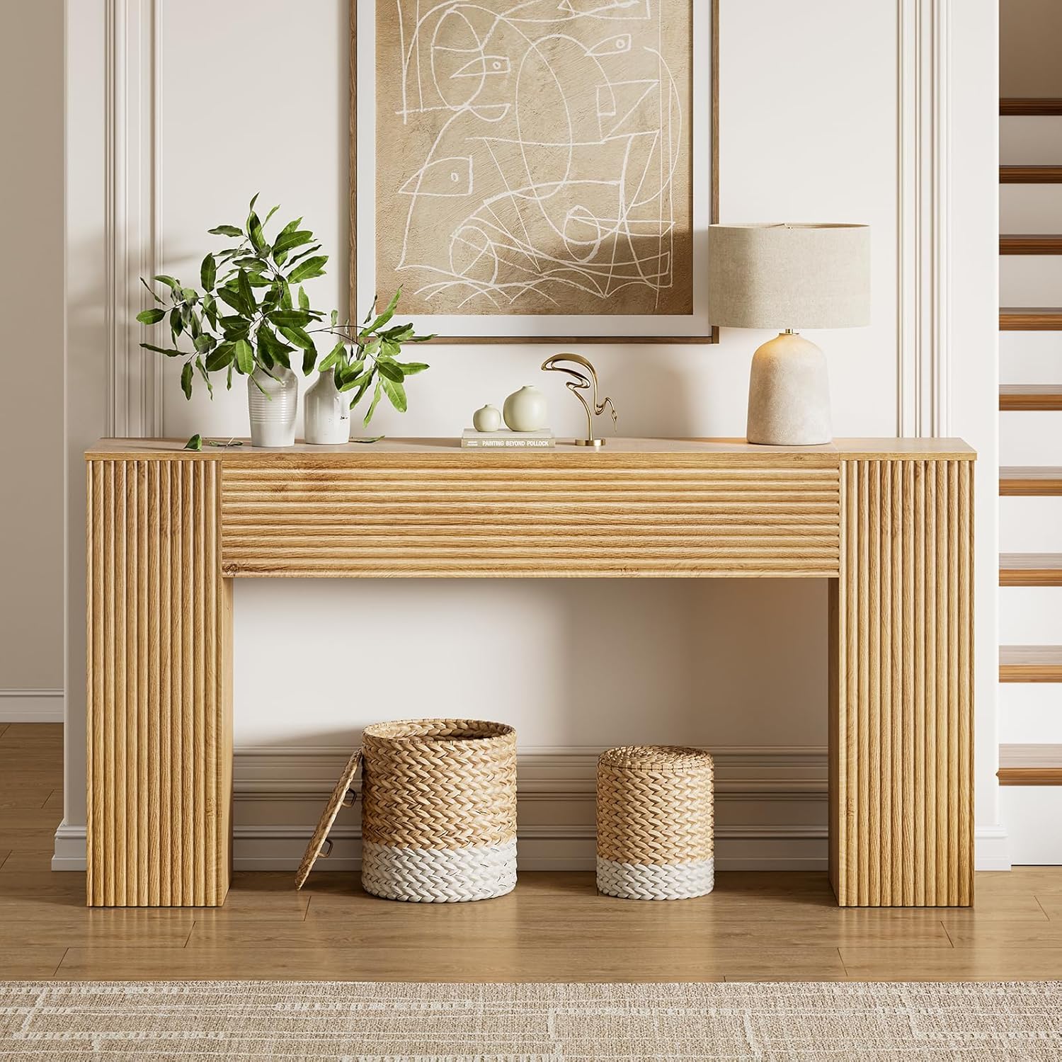 FABATO 61'' Fluted Long Console Table, Wooden Rectangular Sofa Table