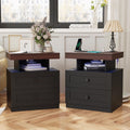 MHOM Farmhouse LED Nightstand Set of 2, Wood Bedroom Side Table with Charging Station