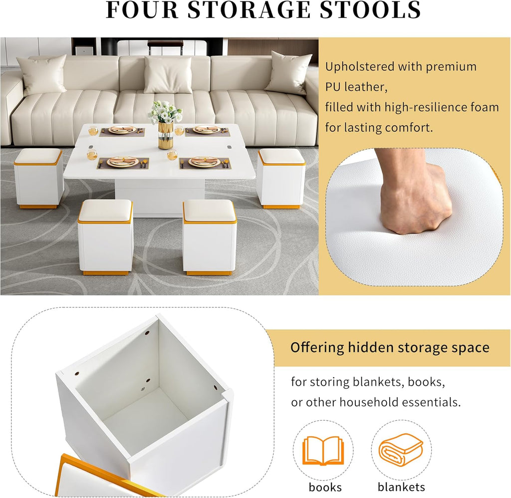 Merax Lift Top Coffee Table with 4 Storage Stools for Living Room