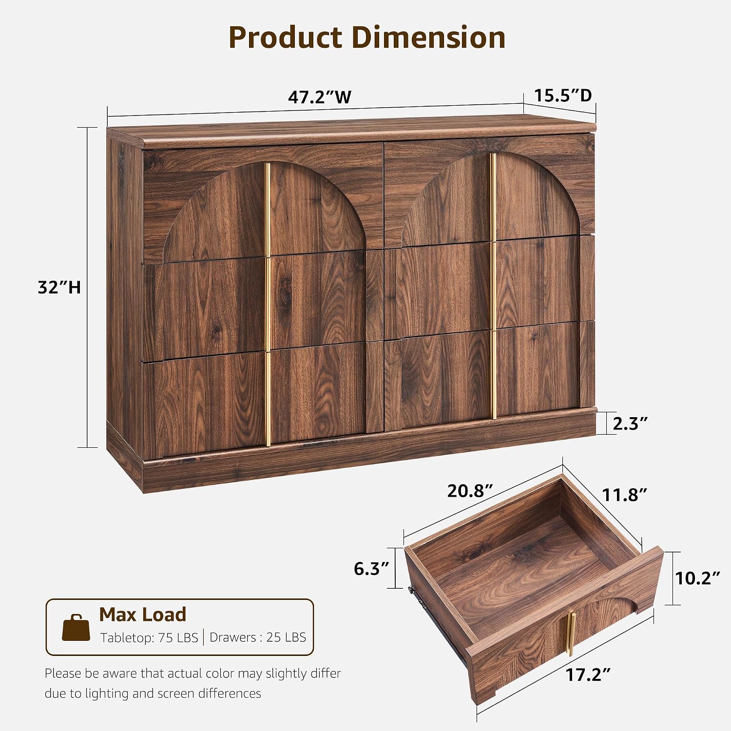 Arched Dresser for Bedroom with 6 Drawers, 47.3" Wide Modern Chest of Drawers with Rounded Edge & Metal Handles