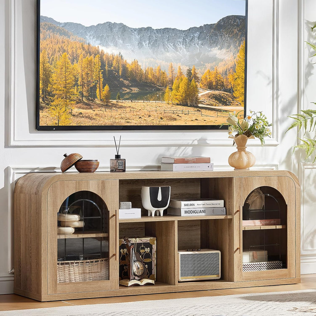 58" Curved TV Stand for TVs Up to 65", Modern Entertainment Center with Adjustable Shelves