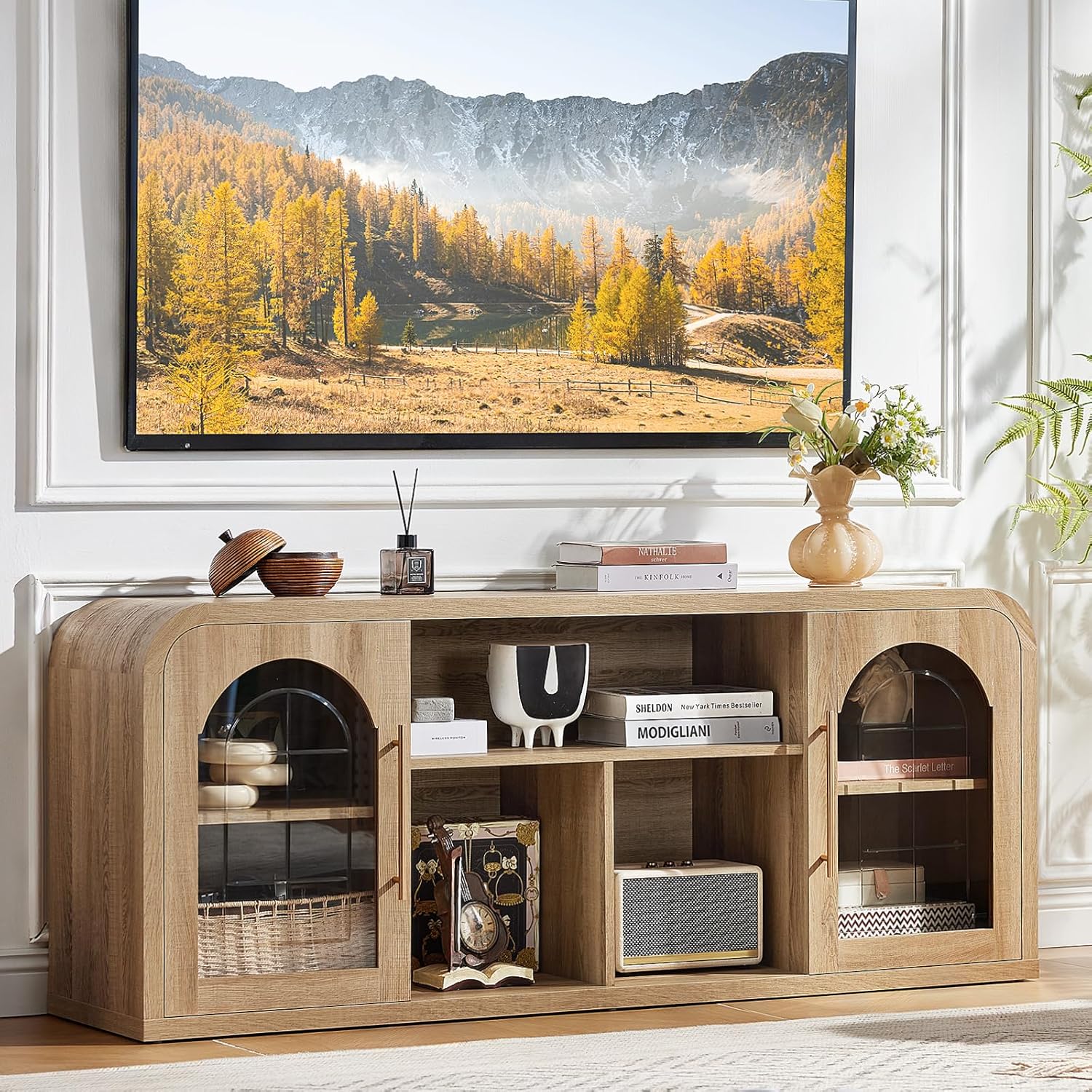 58" Curved TV Stand for TVs Up to 65", Modern Entertainment Center with Adjustable Shelves