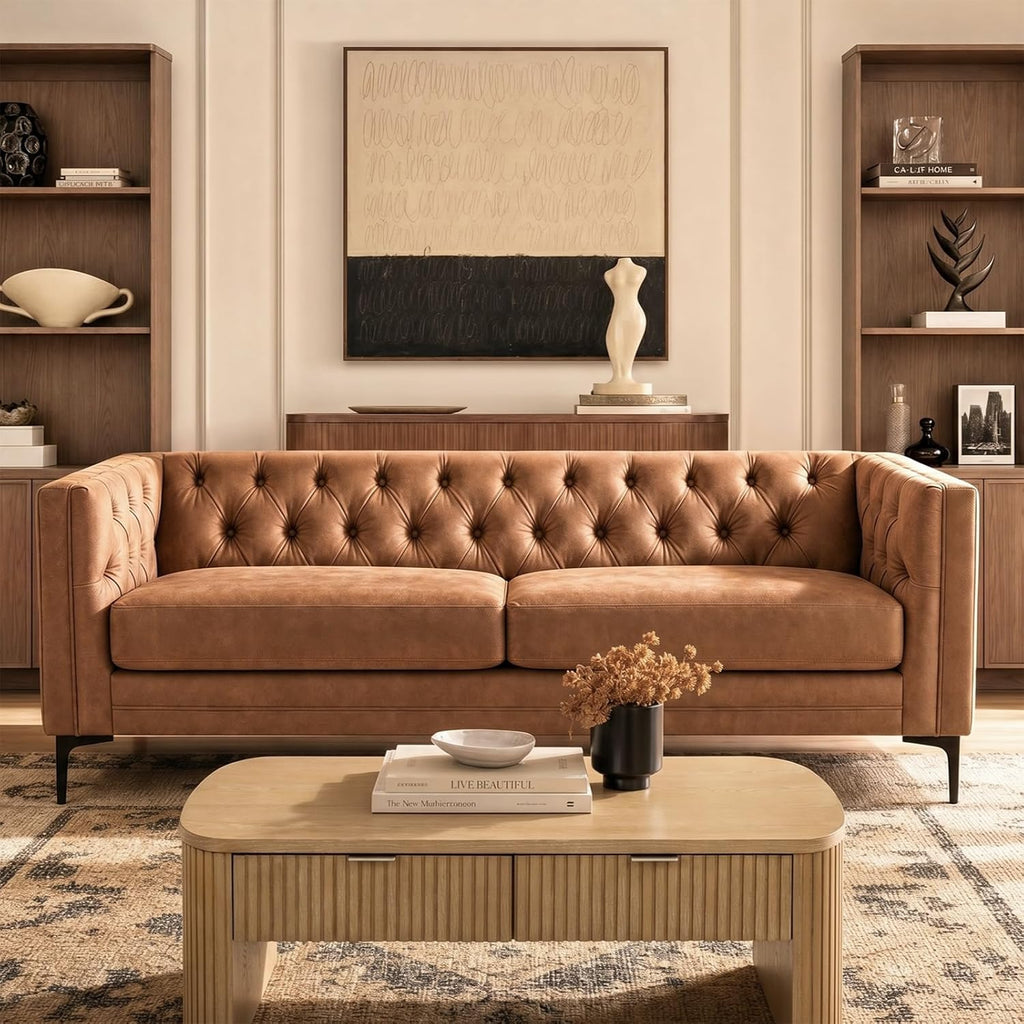 HULALA HOME 84" W Faux Leather Sofa Couch with Metal Legs, Button-Tufted 3-Seater Sofa