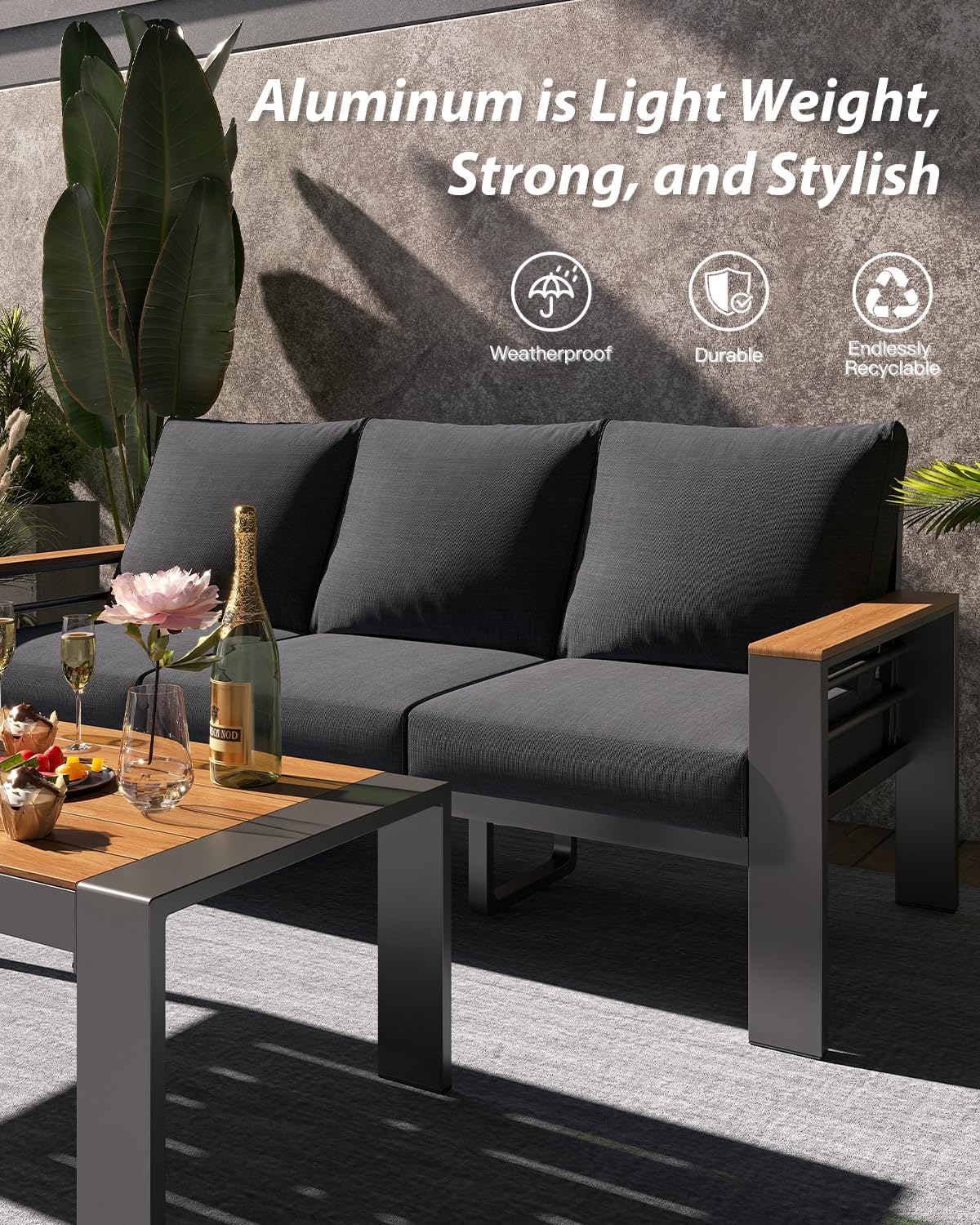 Aoxun Patio Furniture Set, 5 Piece Aluminum Patio Sets with 5" Thicken & Washable Cushion