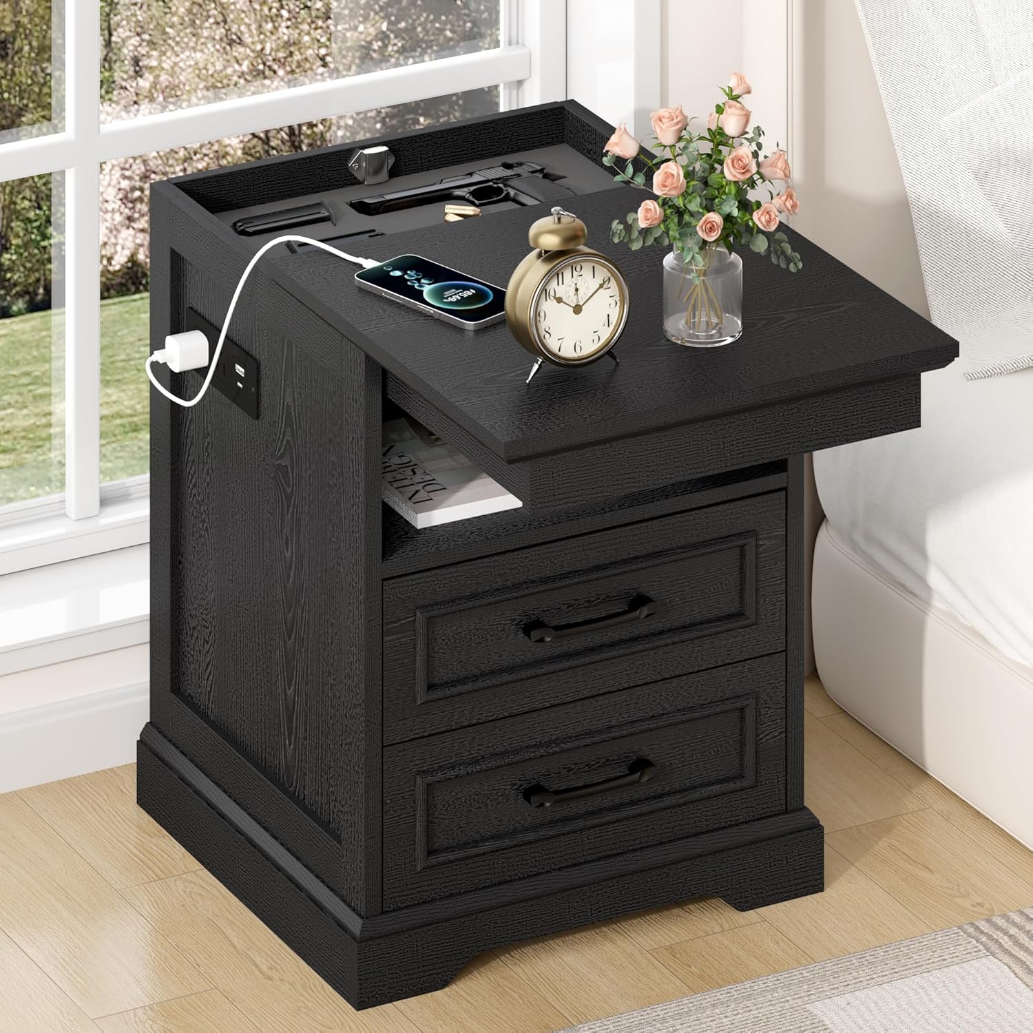 18" Farmhouse Accent Nightstand with Charging Station, End Table with 3 Drawers Storage, Side Table,
