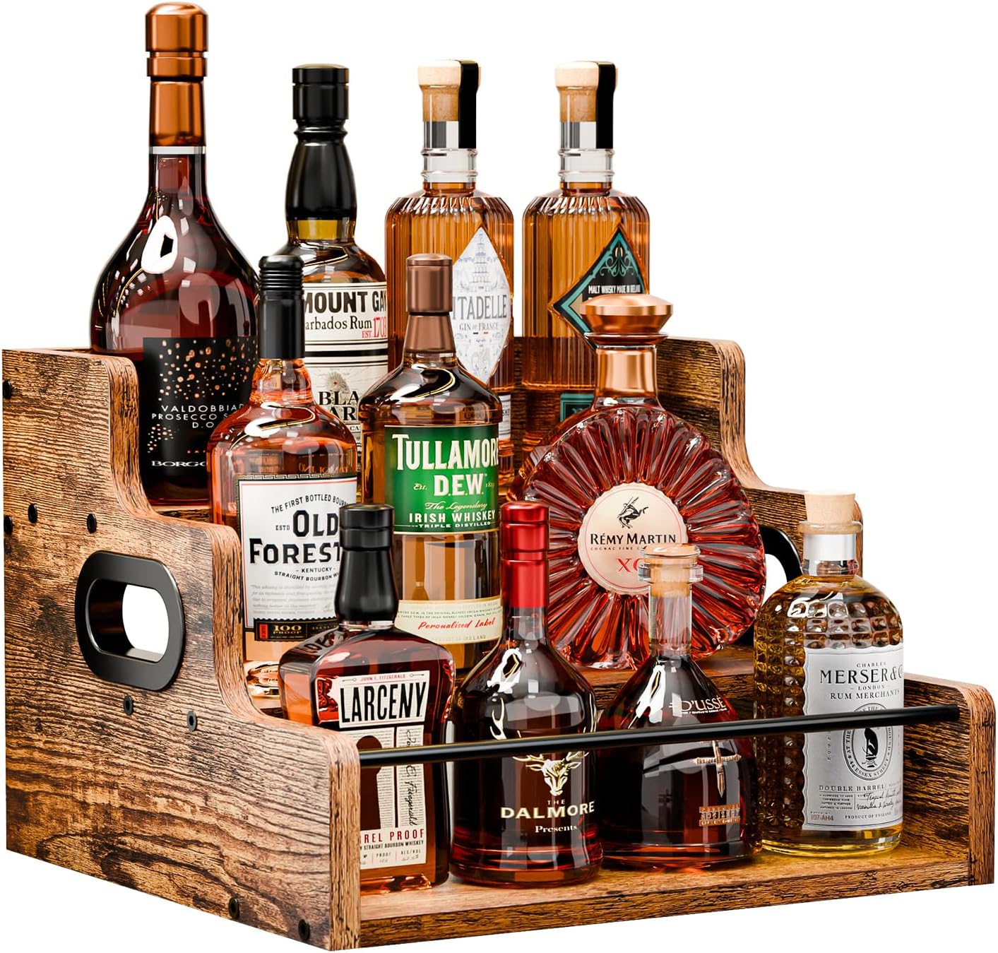 KLM Liquor Bottle Display Shelf, Coffee Syrup Rack Organizer, 3 Step Countertop Liquor Wine Rack