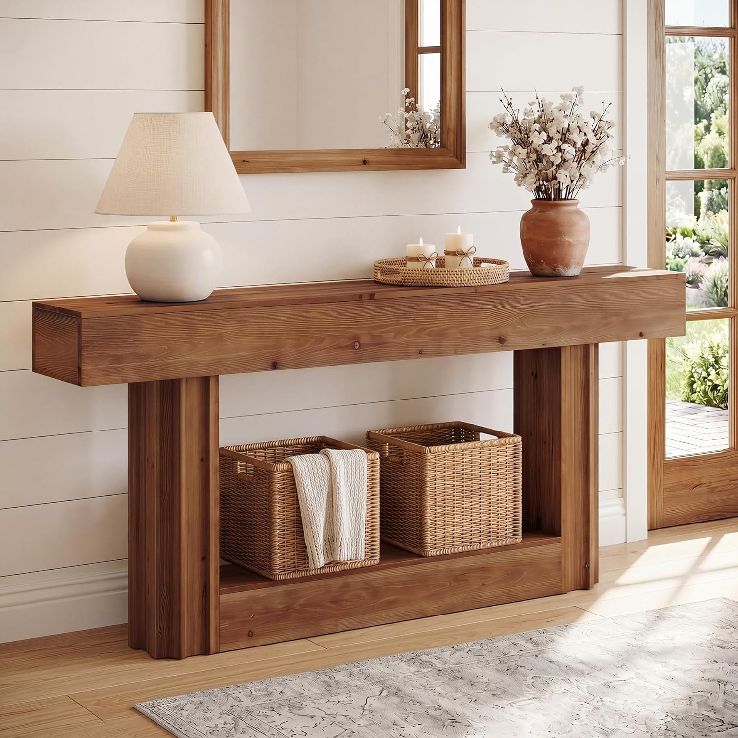 63-Inch Farmhouse Solid Wood Sofa Console Table, Narrow Long 2-Tier Entryway Table with Lower Storage