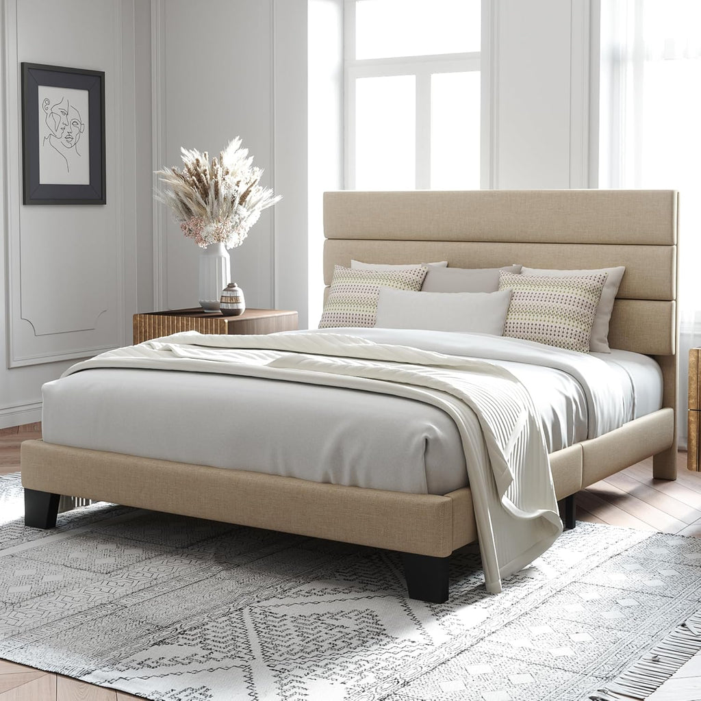 Allewie Queen Size Platform Bed Frame with Fabric Upholstered Headboard and Wooden Slats