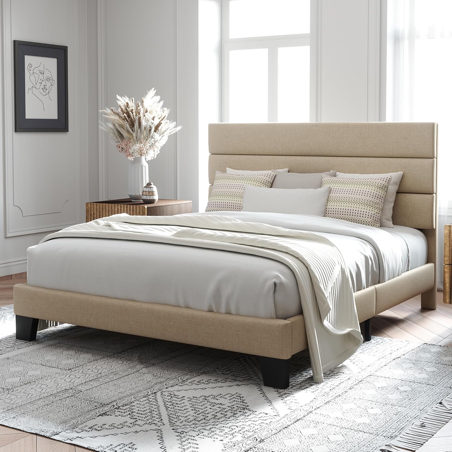 Allewie Queen Size Platform Bed Frame with Fabric Upholstered Headboard and Wooden Slats