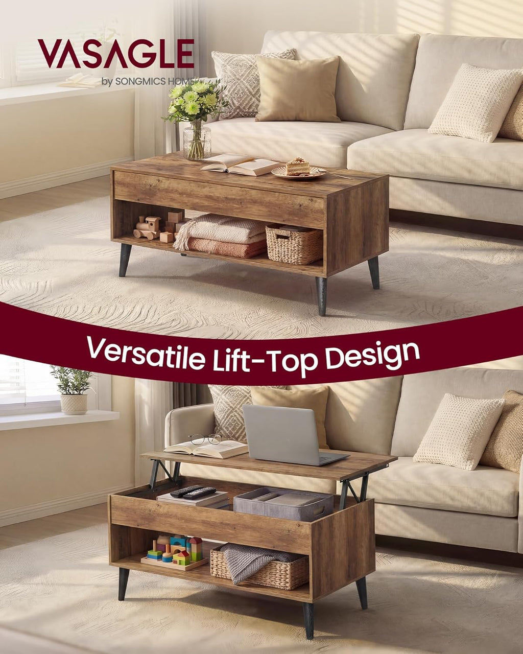 VASAGLE Lift Top Coffee Table, Lift Tabletop Dining Table, Gas Spring, Hidden Compartment