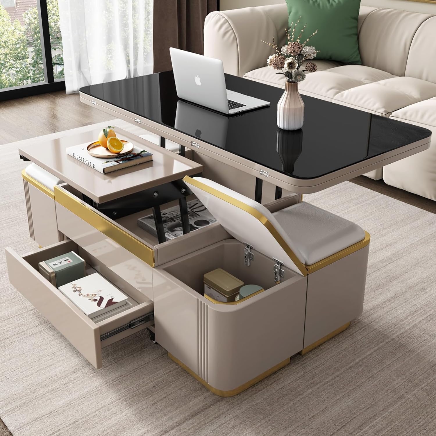 47" Lift Top Coffee Table with 4 Stools & Storage Drawers, Modern Multifunctional Convertible Center Table for Living Room, Pull-Out