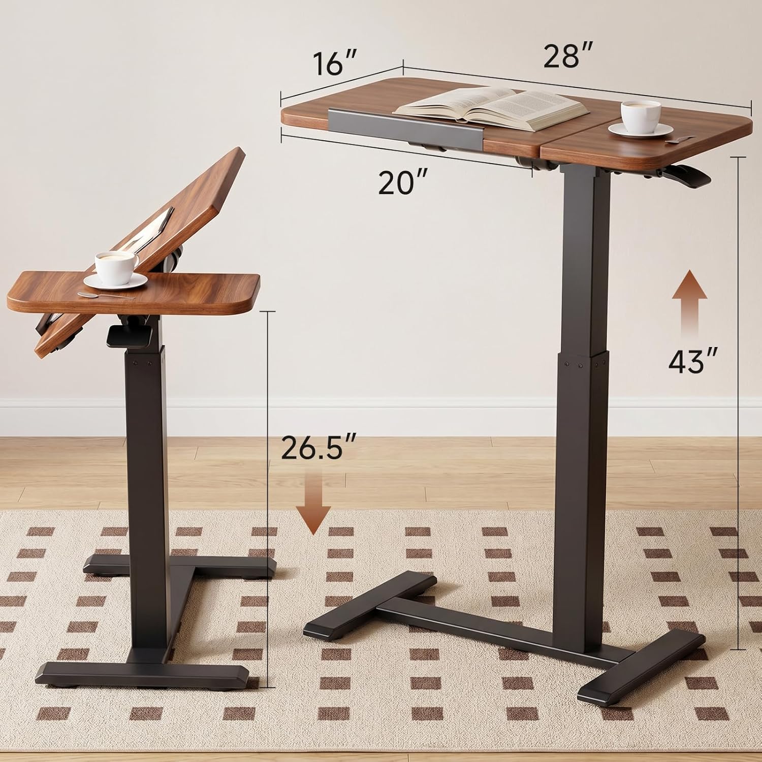 GTPLAYER Pneumatic Adjustable Standing Desk, 28 Inch Tiltable Mobile Rolling Laptop Table with Wheels