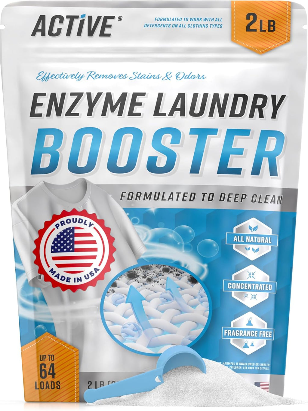 Enzyme Laundry Booster Odor Remover - 2 lbs Unscented Enzymatic Clothes Stain Cleaner Powder