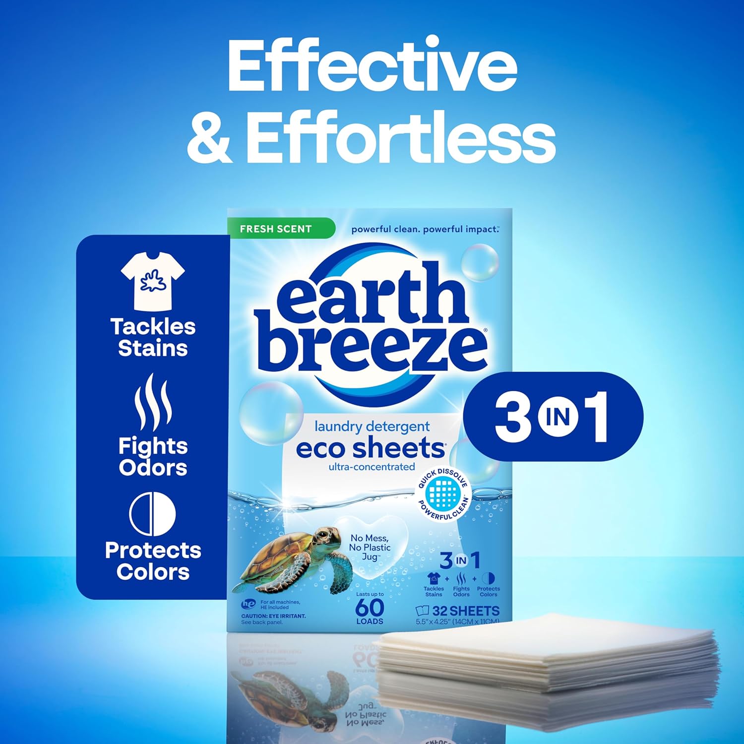Earth Breeze Laundry Detergent Sheets Fresh Scent - 60 Loads Eco Liquidless Soap - Travel-Friendly for Hot & Cold Cycles