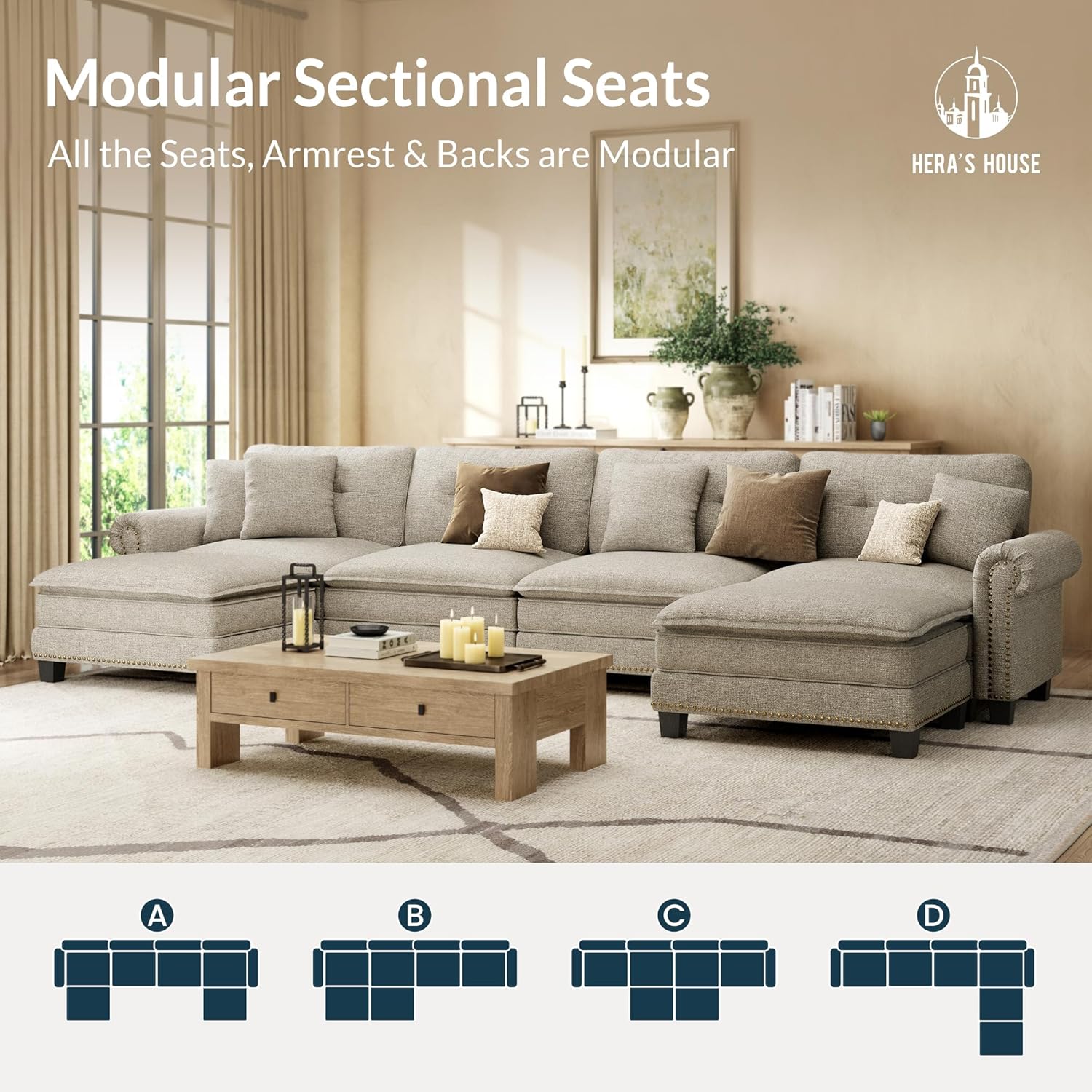 HERA'S HOUSE 150" Oversized Mid-Century Modern Couch, Classic U Shaped Pet Friendly Couch for Living Room