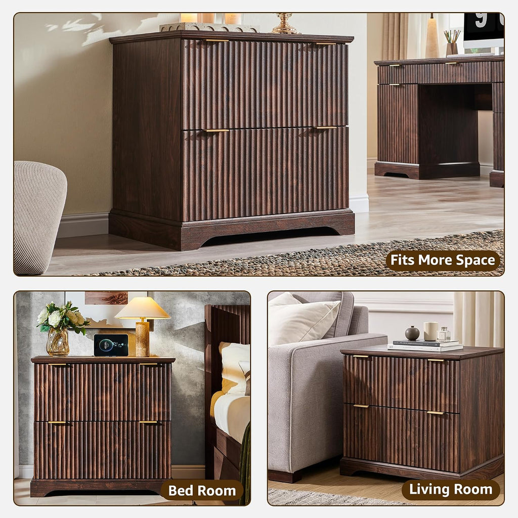 Fluted Nightstand with Charging Station, 30" Wide Side Table with 2 Large Storage Drawers