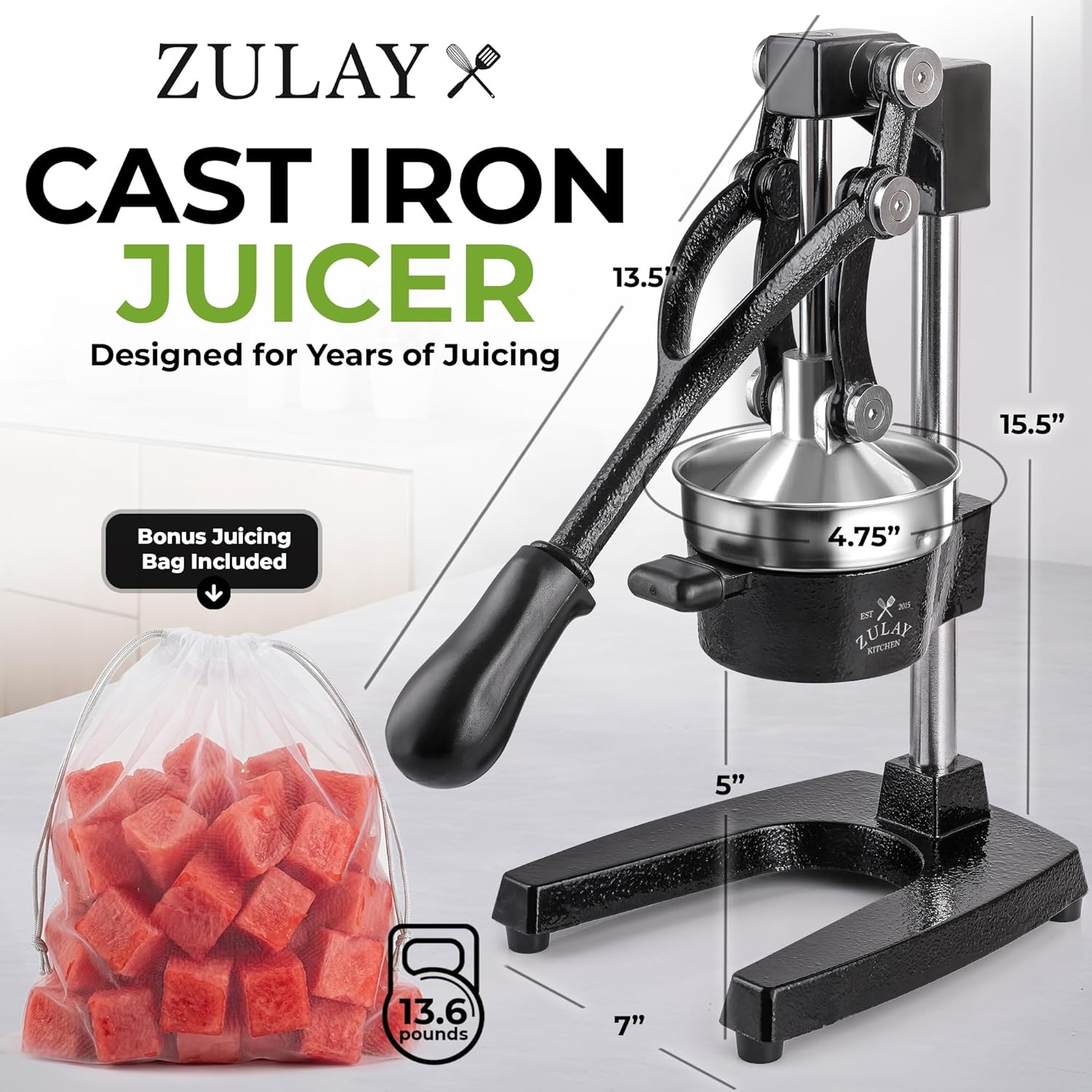 Zulay Kitchen Cast Iron Juicer - Heavy Duty Manual Juicer with Detachable Strainers for Easy Cleaning