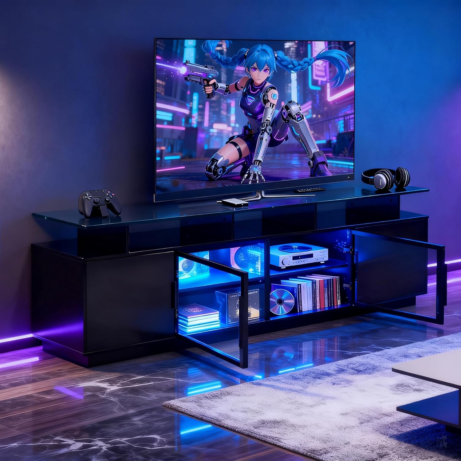70 Inch Black TV Stand for Living Room, LED Entertainment Center