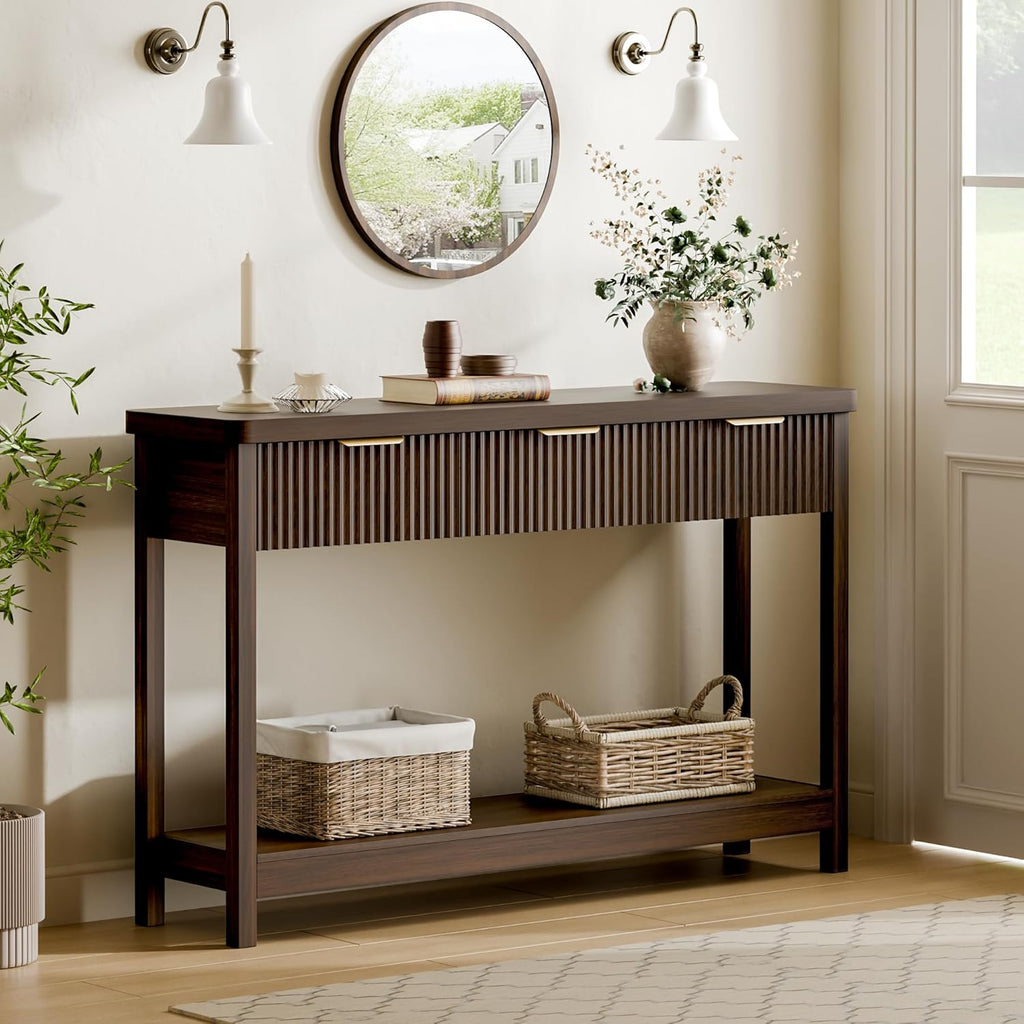 51" Fluted Console Table for Entryway, Entryway Table with 3 Wooden Drawers, Farmhouse Behind Sofa Table