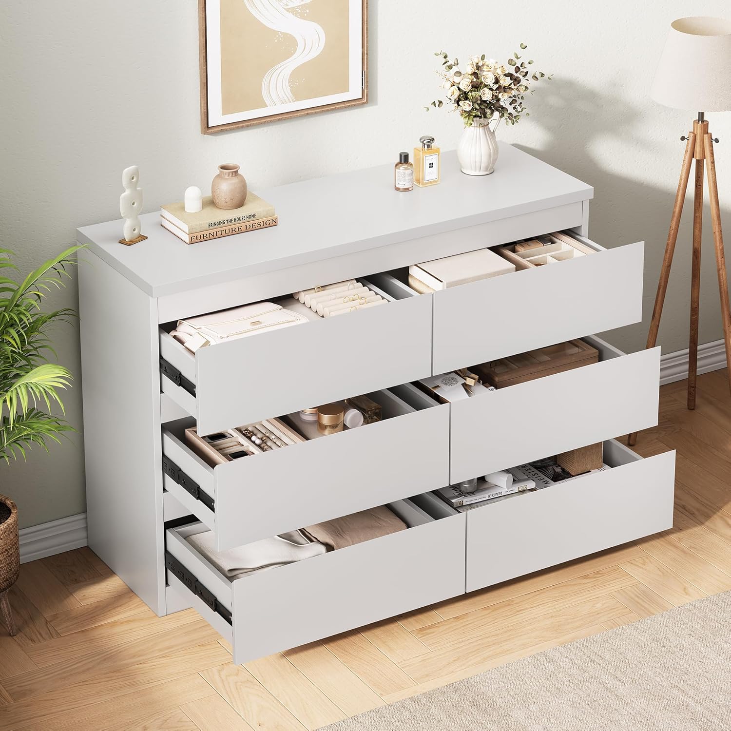 Jocoevol White 6 Drawer Dresser for Bedroom, 15.3" D x 47.2" W x 32.3" H in Simply Modern Chest of Drawers