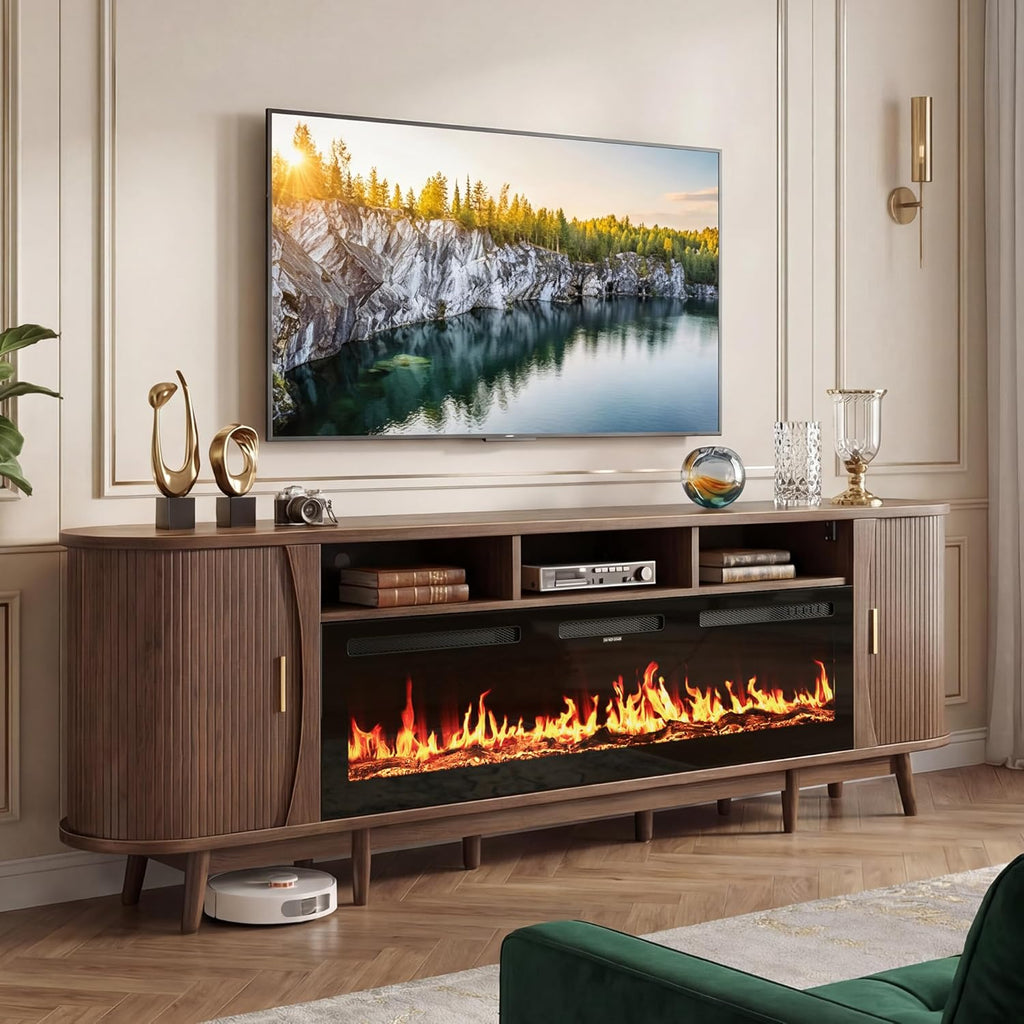 97" Fireplace TV Stand for 100" TV, Mid Century Modern Entertainment Center with 60" Electric Fireplace