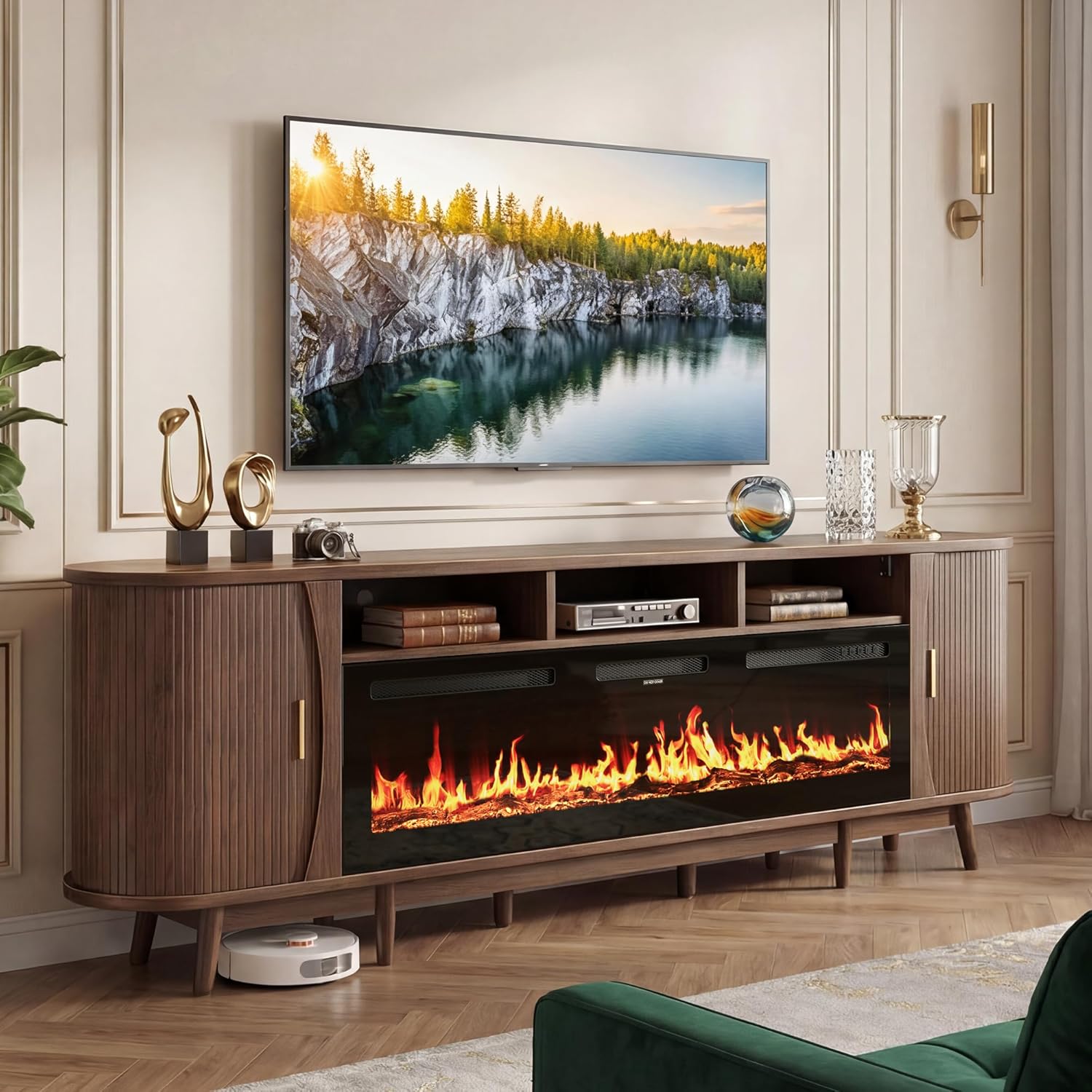97" Fireplace TV Stand for 100" TV, Mid Century Modern Entertainment Center with 60" Electric Fireplace