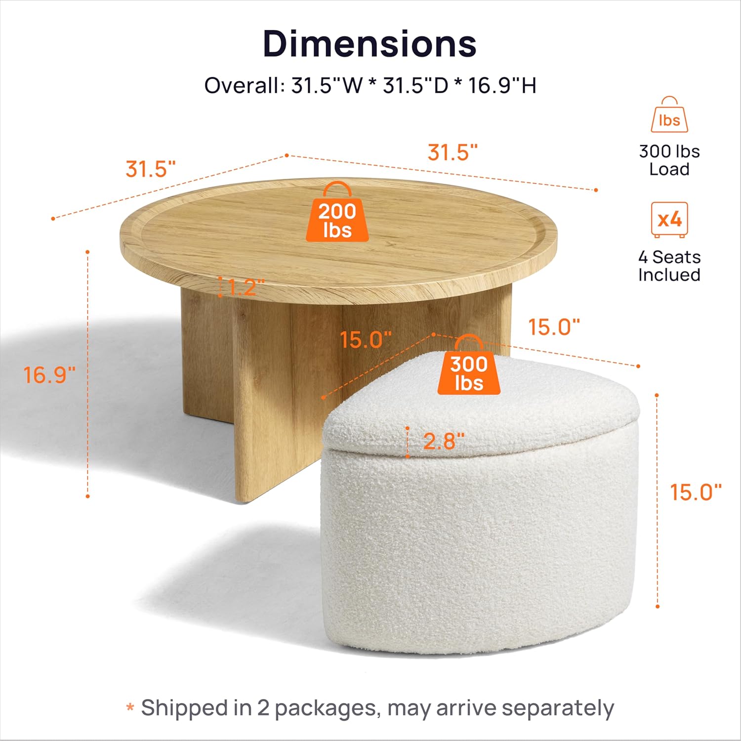 Round Coffee Table with Stools Underneath, Wood Ottoman Coffee Tables with 4 Boucle Storage