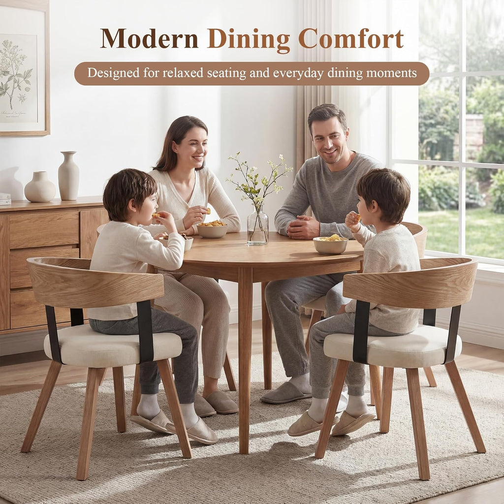 Wooden Dining Chairs Set of 4, Linen Fabric Upholstered Dining Room Chairs with Barrel Back, Modern Farmhouse Kitchen Chairs