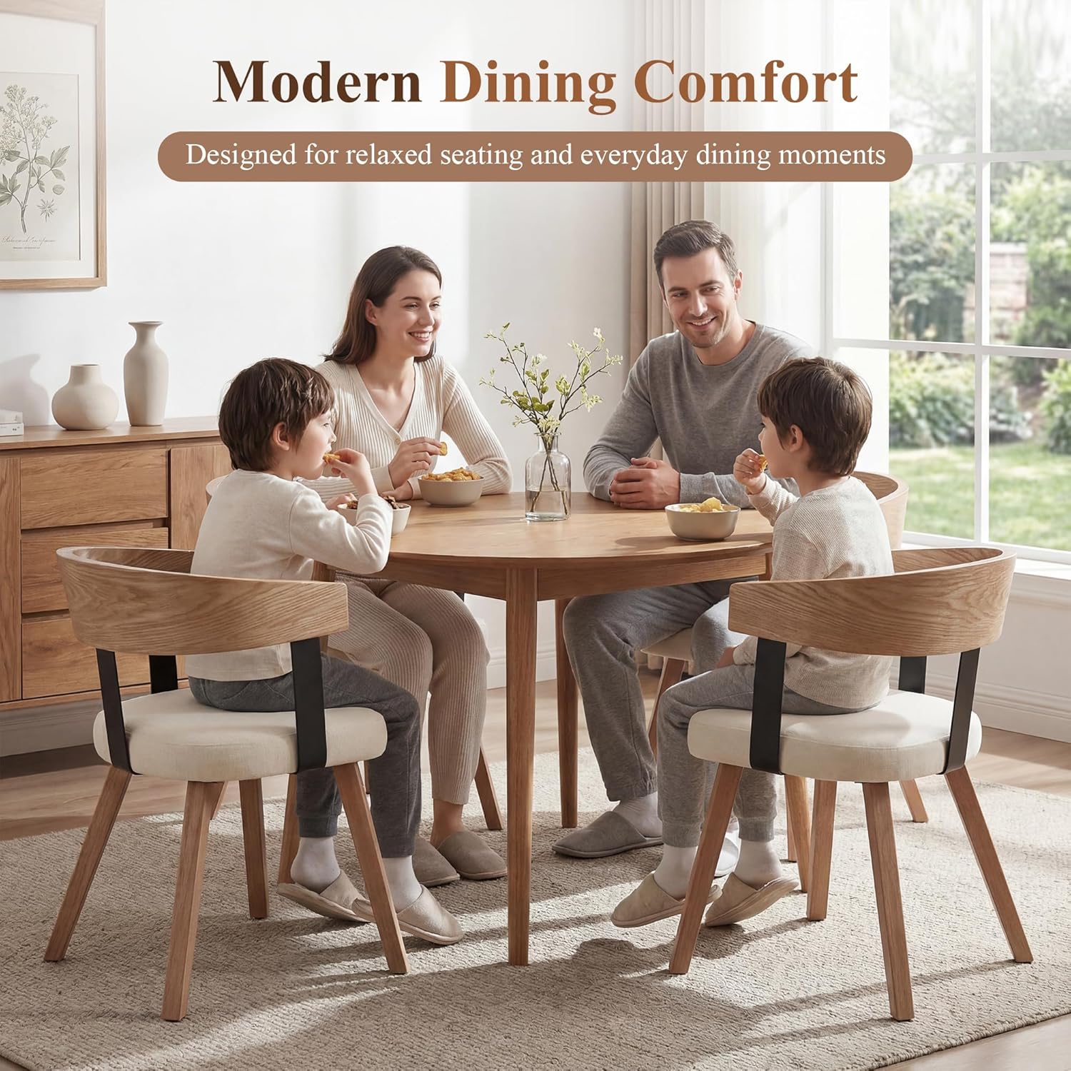 Wooden Dining Chairs Set of 4, Linen Fabric Upholstered Dining Room Chairs with Barrel Back, Modern Farmhouse Kitchen Chairs