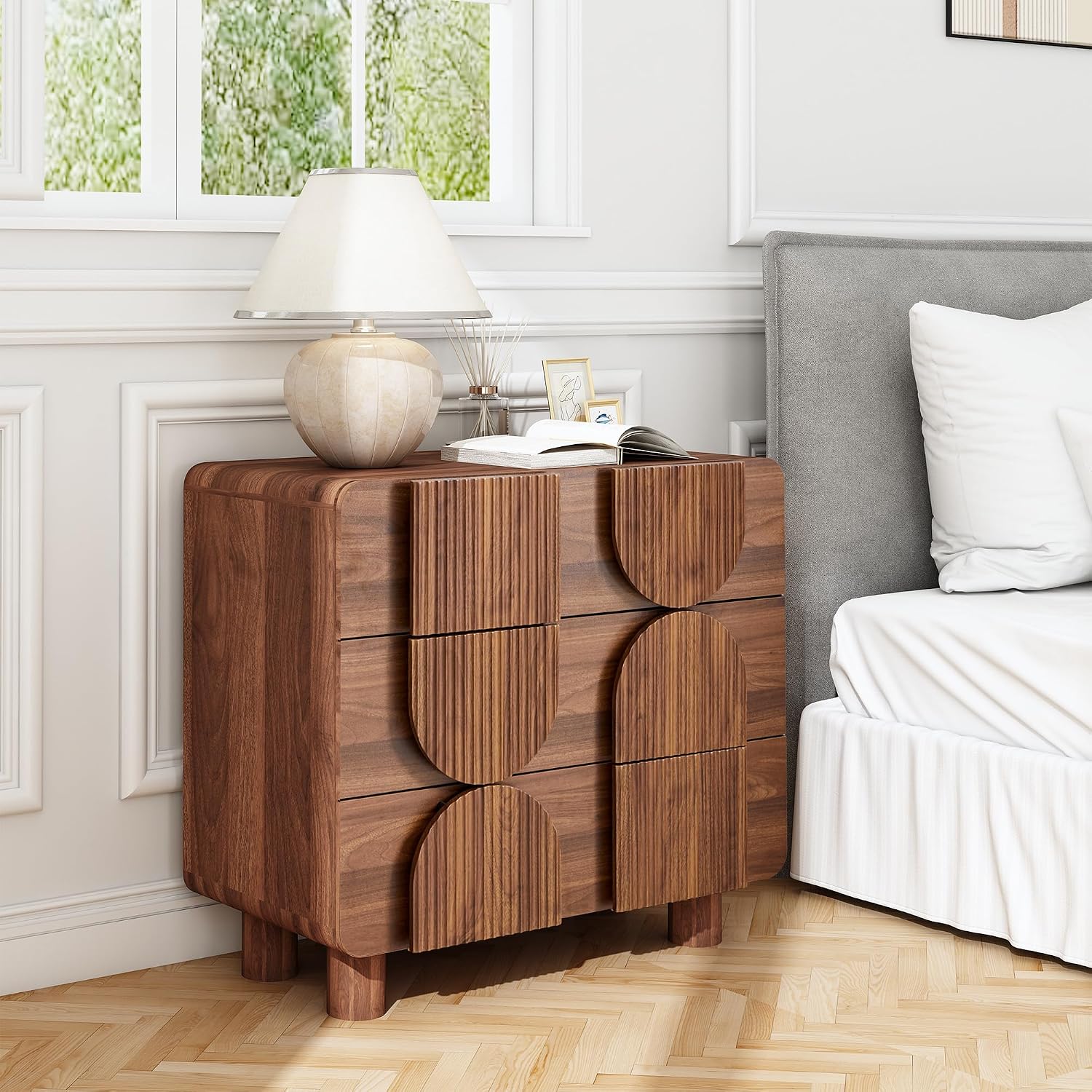3 Drawer Dresser, Modern Fluted Wood Chest of Drawers, 31.5" Wide Walnut Nightstand with Anti-Tip Device