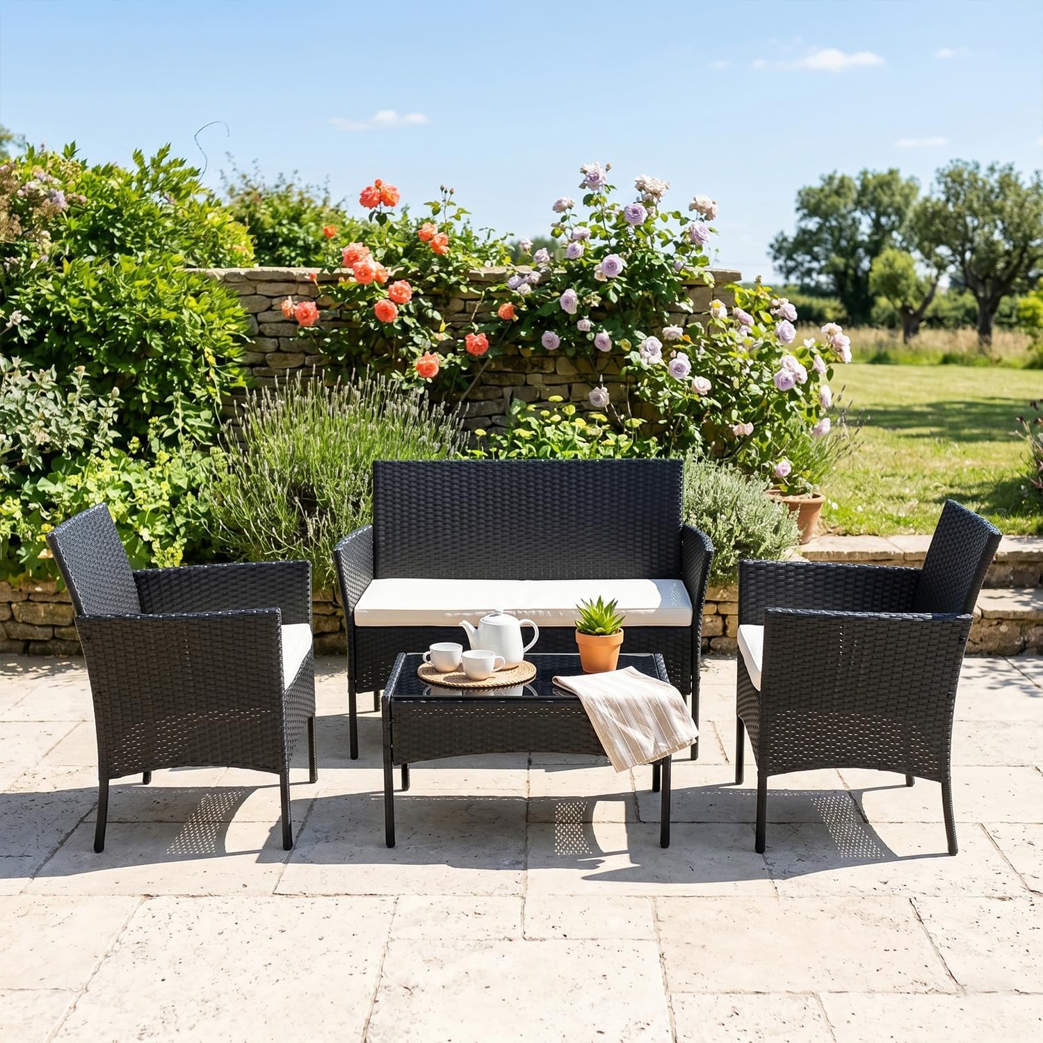 FDW | 4-Piece Patio Furniture Set | Black | Outdoor Wicker Furniture with Coffee Table | Modern Rattan Chairs Conversation Set |