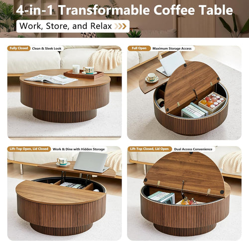 33" Round Coffee Table with Lift-Top & Flip-Top Storage, Modern