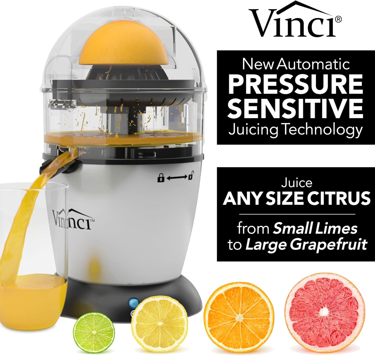Vinci Hands Free Electric Citrus Juicer, 1-Button Juicer Machine, Orange Lime Grapefruit Lemon Squeezer