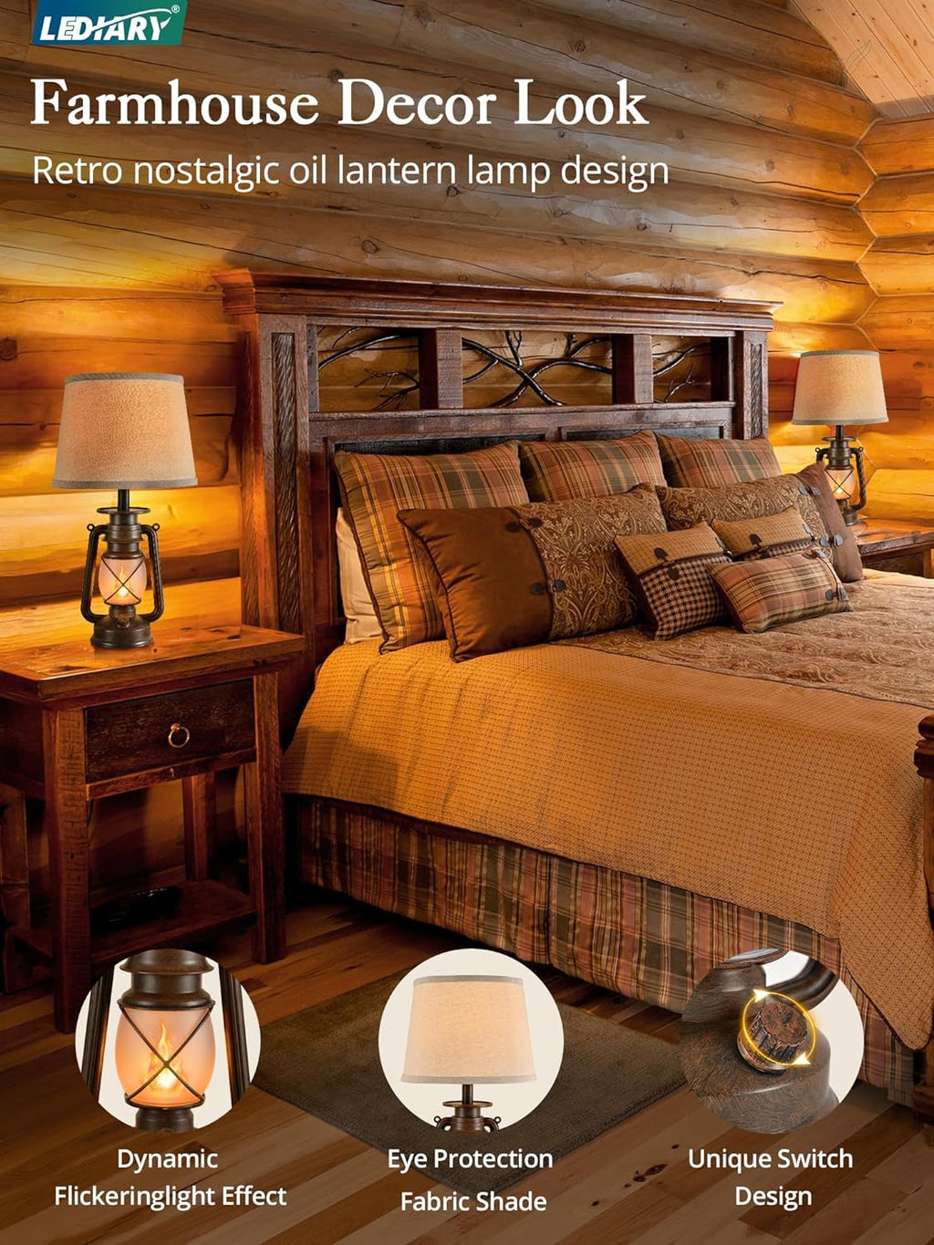 LEDIARY 18.72" LED Vintage Lantern Flickering Flame Table Lamps for Bedrooms Set of 2