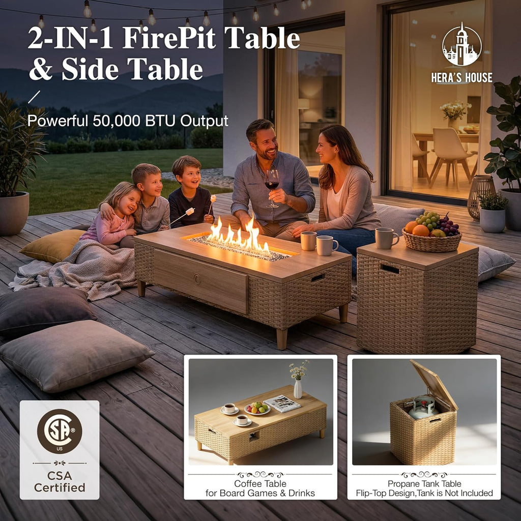 HERA'S HOUSE 6 Pieces Patio Furniture Set with Swivel Chairs & Fire Pit, Outdoor Sectional Rattan Wicker Sofas with 10" Thick Cushion