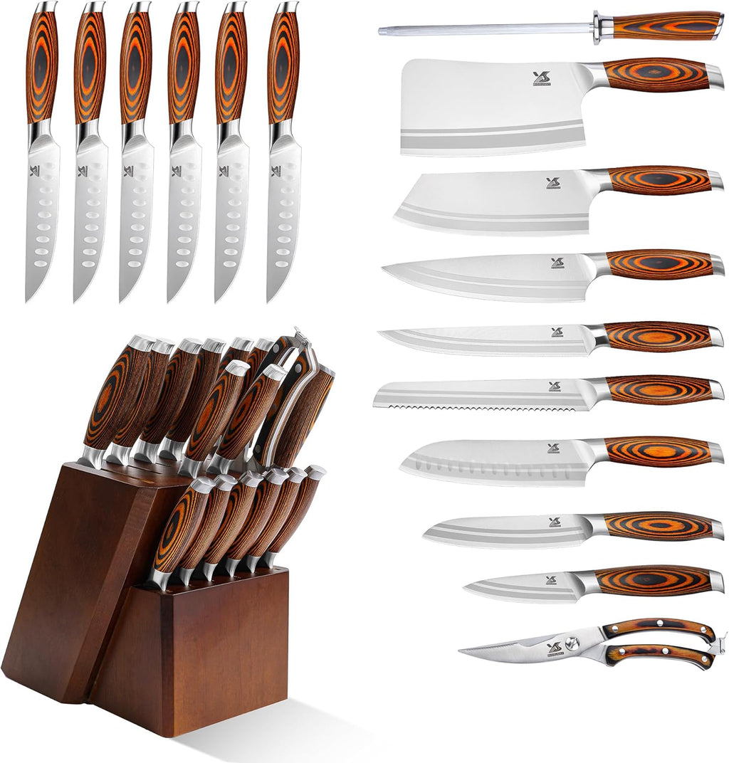 Knife Block Set 17-piece Knife Set with Wooden Block - German Steel