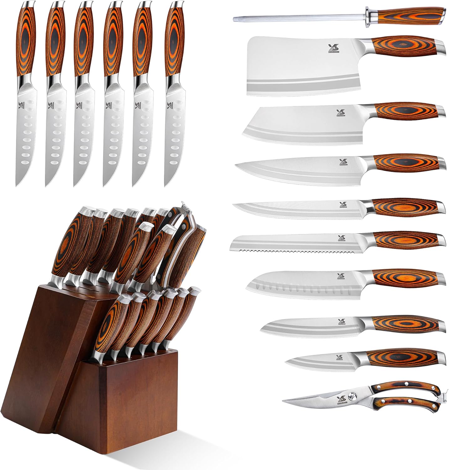 Knife Block Set 17-piece Knife Set with Wooden Block - German Steel