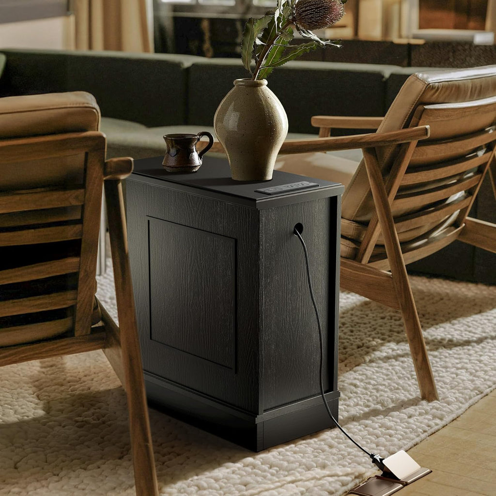Nightstand with Charging Station, Vintage Wood End Table with 3 Drawer, Victoria Narrow Side Table