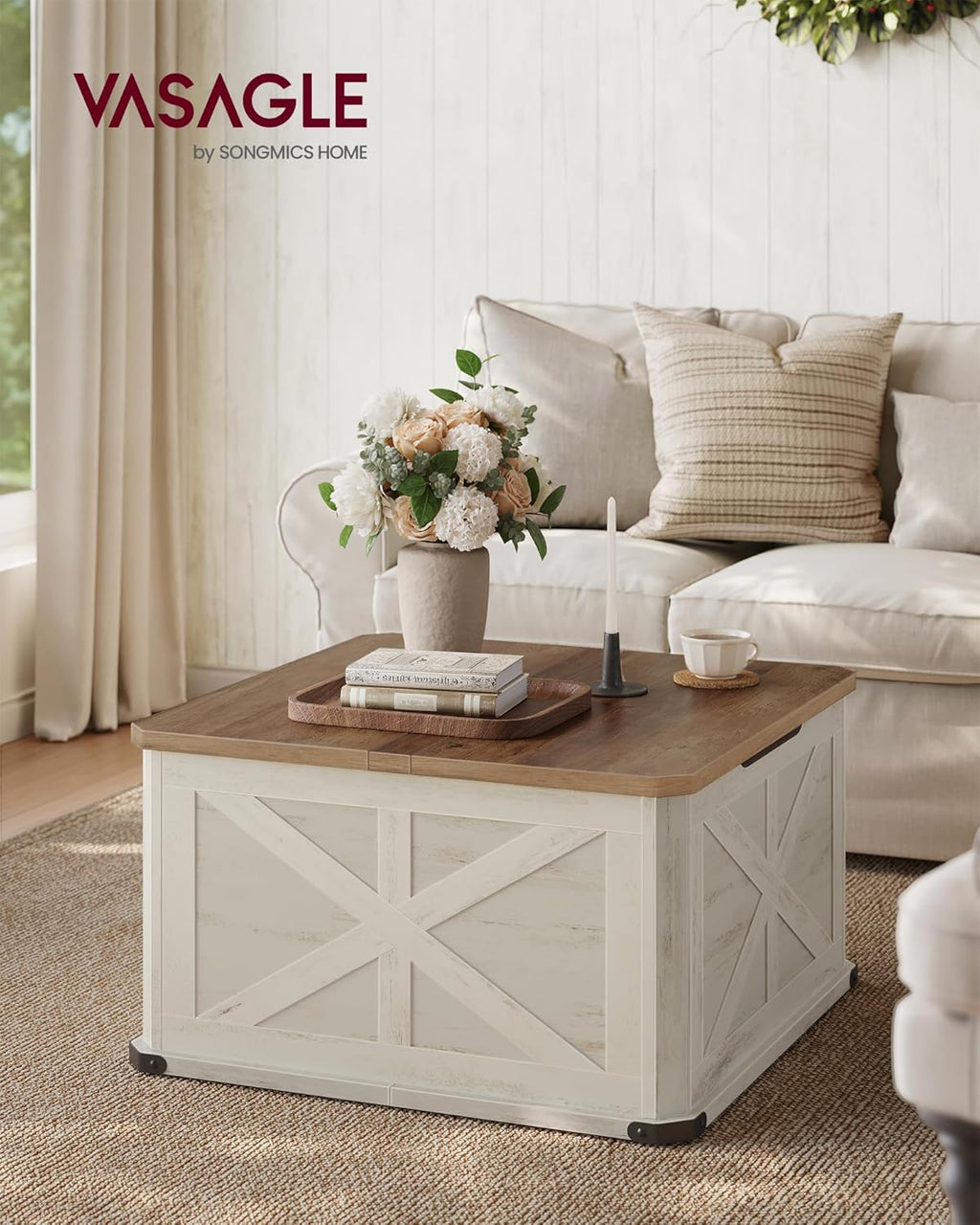 VASAGLE LIRY Collection - Farmhouse Coffee Table with Storage, Square Coffee Table for Living Room