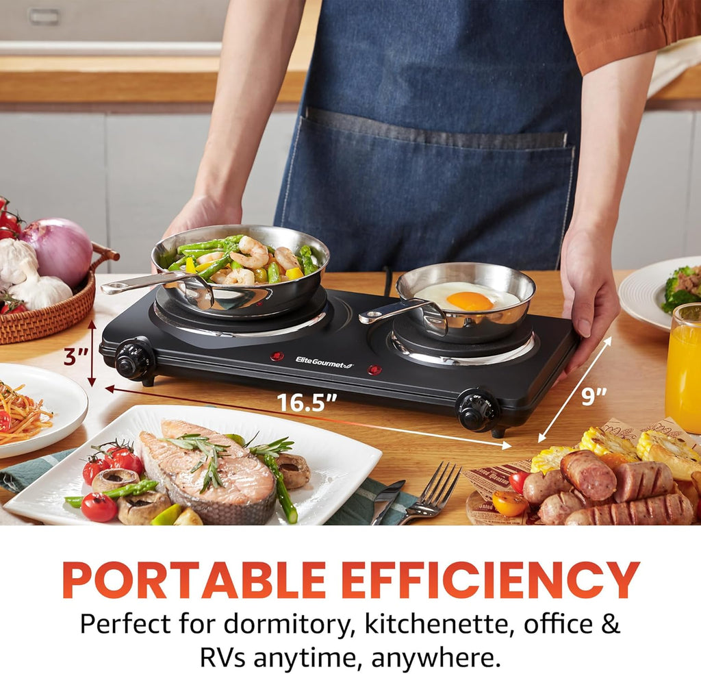 Elite Gourmet EDB-302BF# Countertop Double Cast Iron Burner, 1500 Watts Electric Hot Plate,