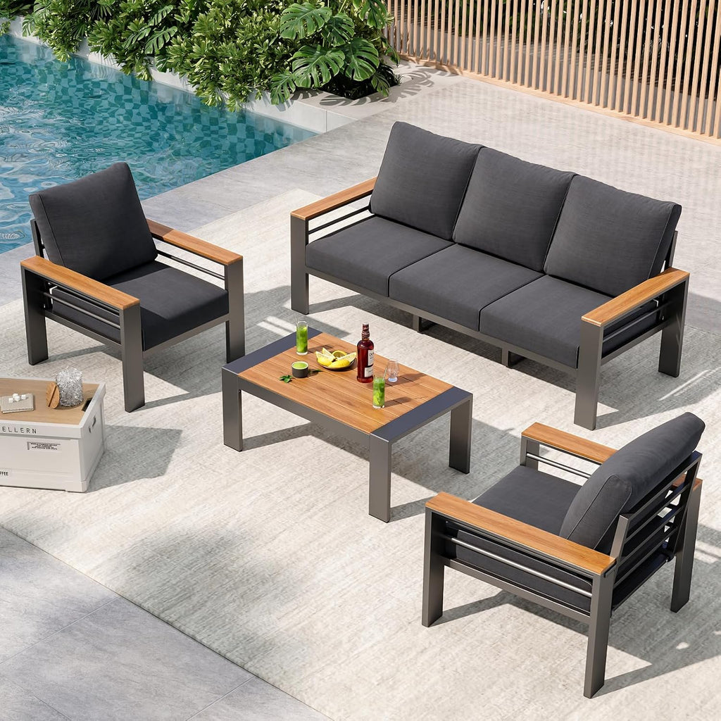 Aoxun Patio Furniture Set, 5 Piece Aluminum Patio Sets with 5" Thicken & Washable Cushion
