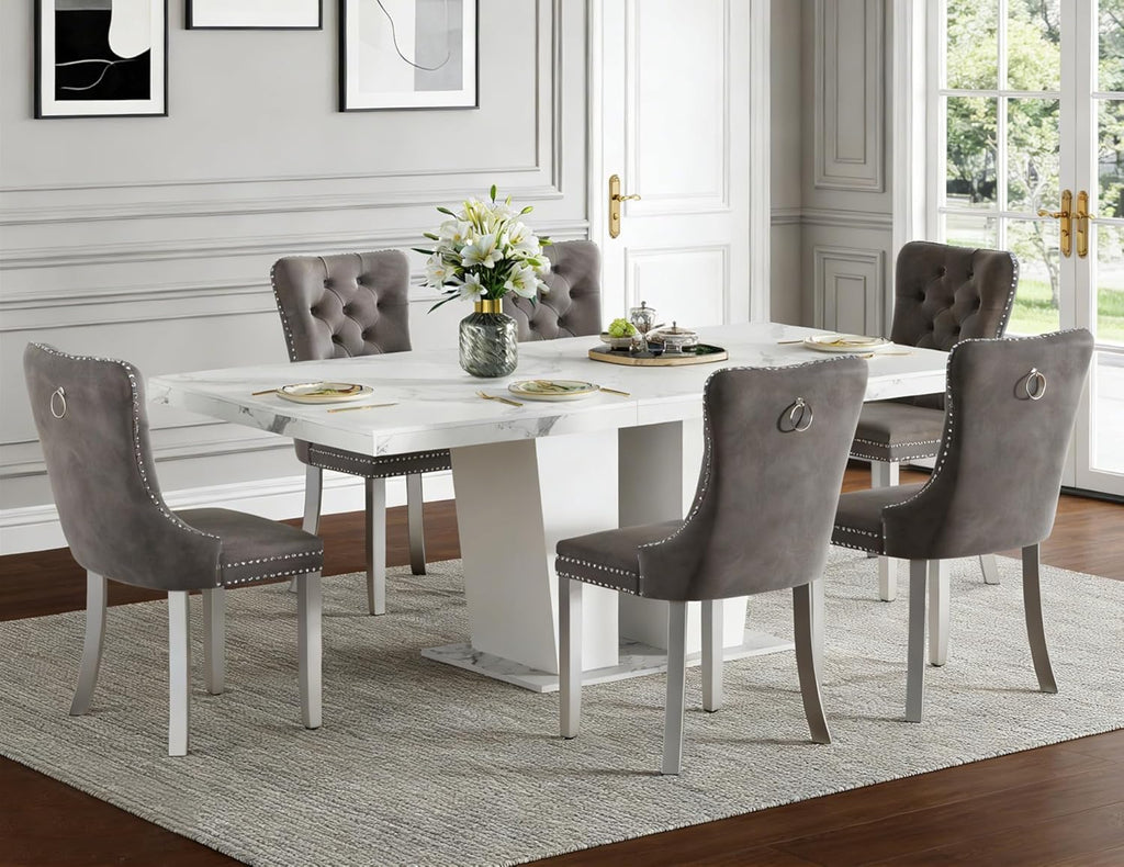 7 Pieces Faux Marble Dining Table Set for 6, 63"-79" Extendable Dining Room Table and 6 Grey Tufted Chairs Set for 6